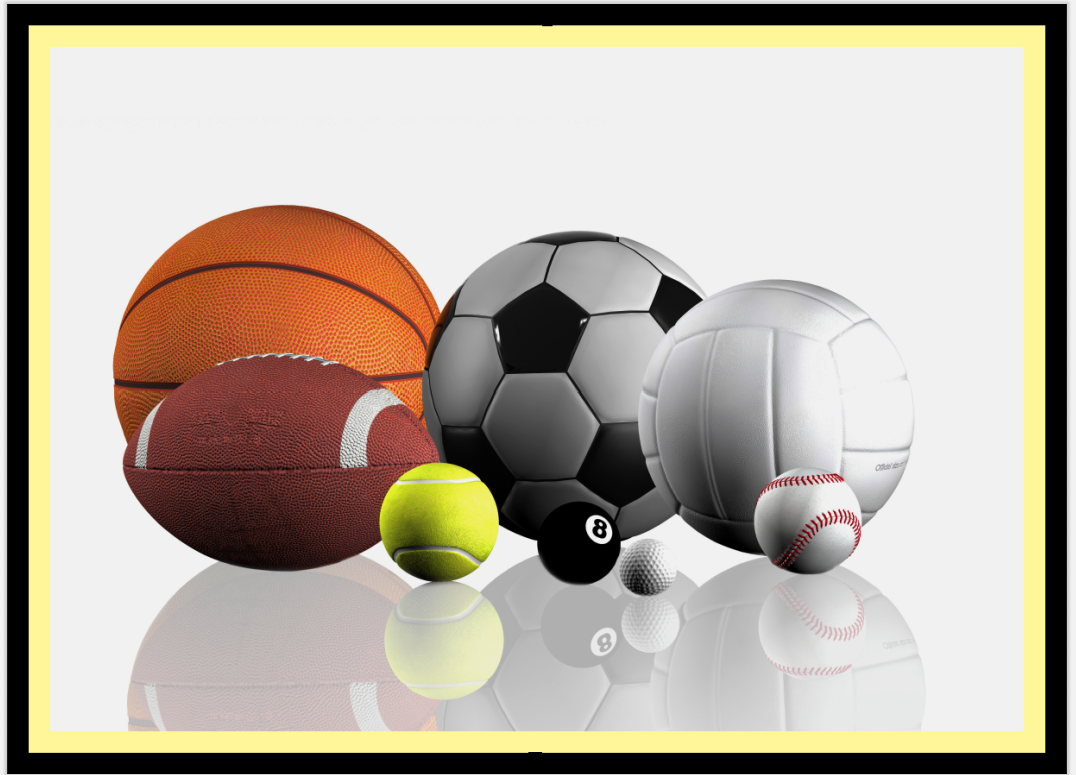 Different sport balls grouped together on a white backgrounds with a black and yellow frame