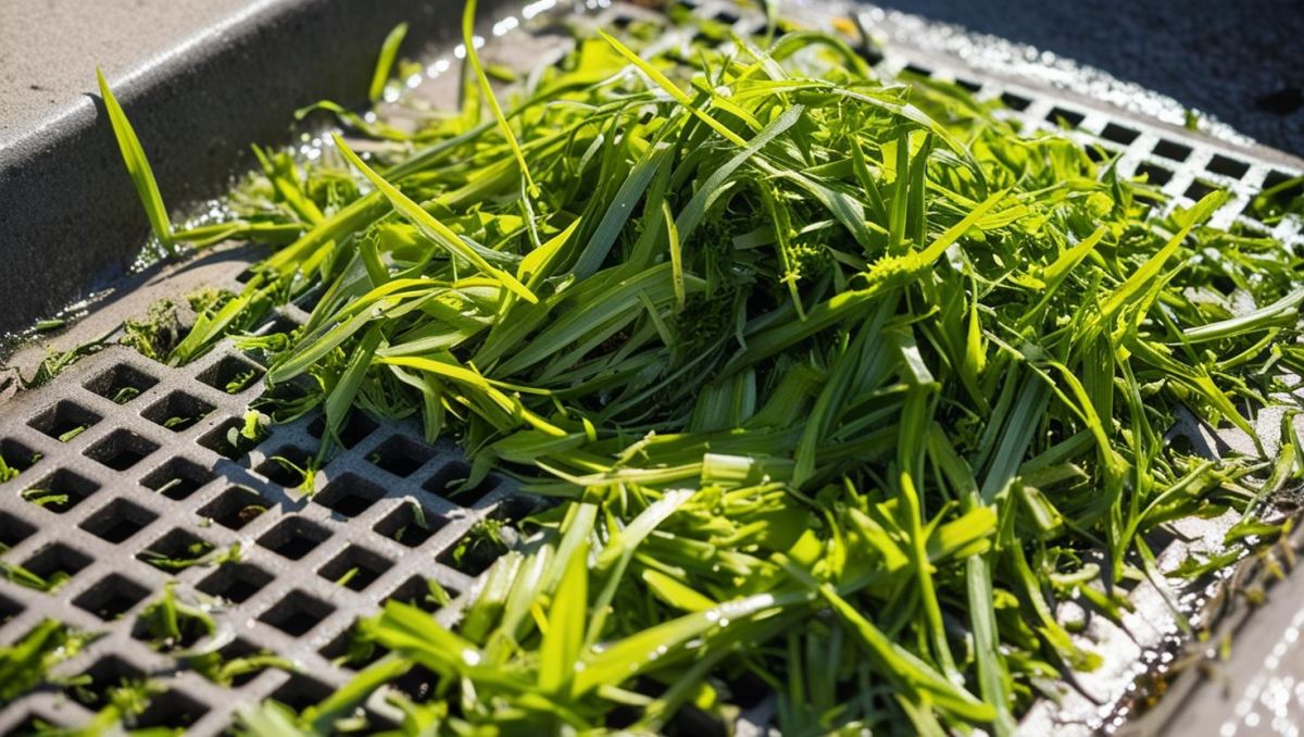 Image of freshly cut grass clippings clogging a storm drain